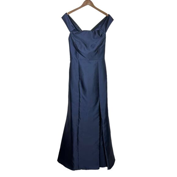 ALFRED SUNG D751 Midnight Navy NWT Off the Shoulder Criss Cross Back Satin Dress - Picture 3 of 15